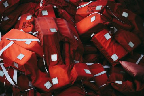 A pile of life jackets