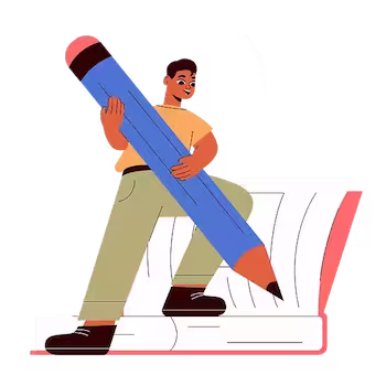 Character holding a big pencil over a book.